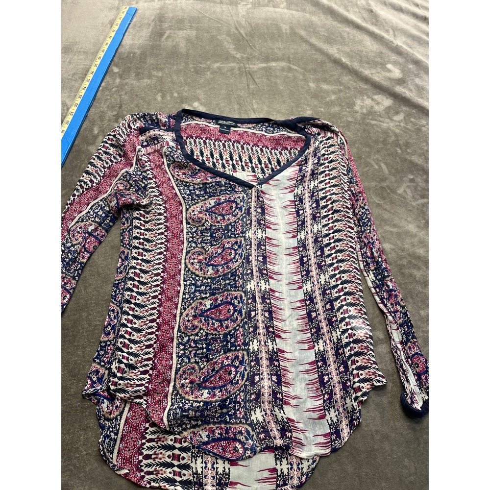Lucky Brand Womens Mixed Paisley Print V-Neck Long Sleeve Blouse Navy Burgundy M